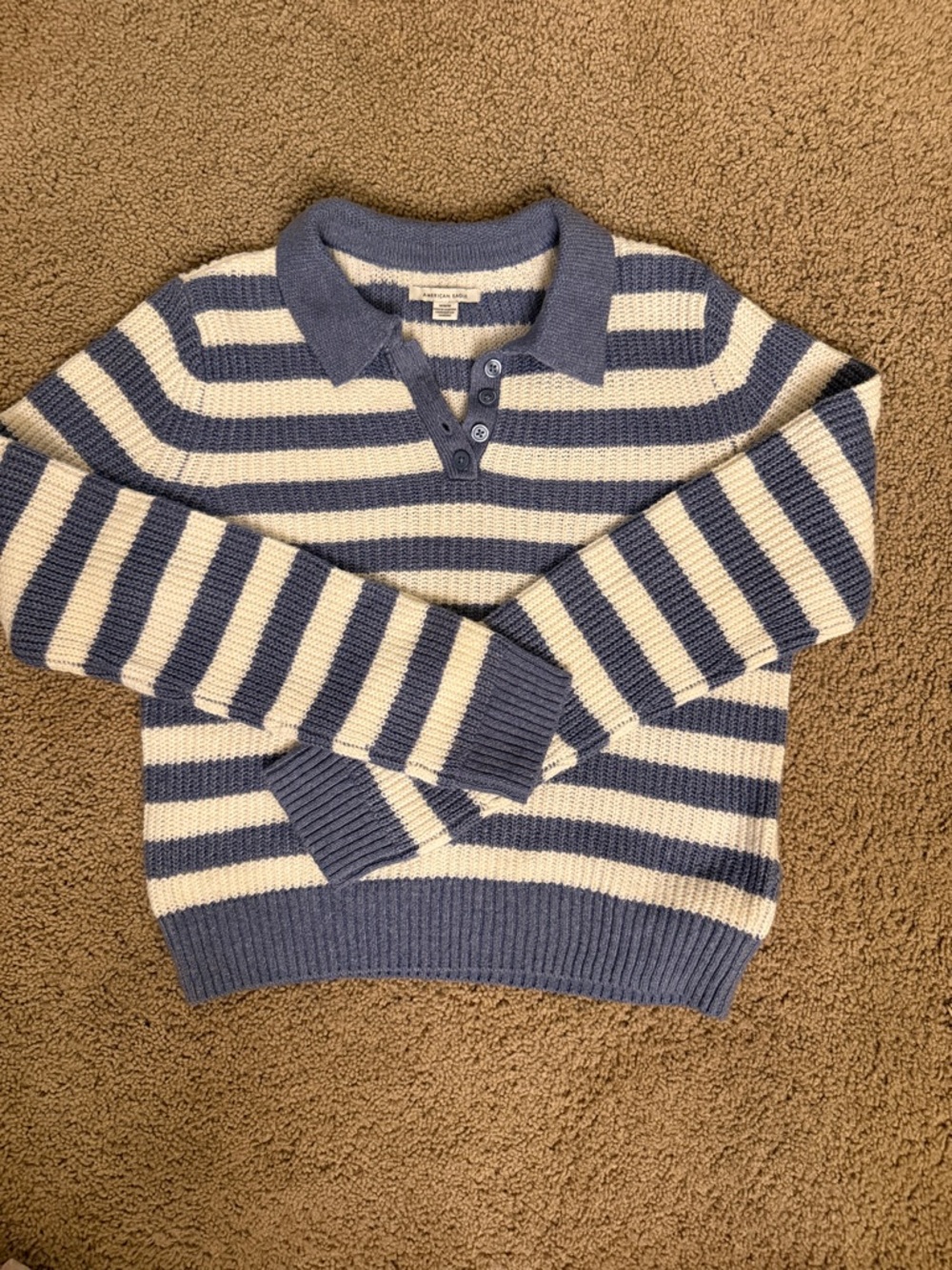 American Eagle Outfitters Blue and Cream Striped V-Neck Sweater
